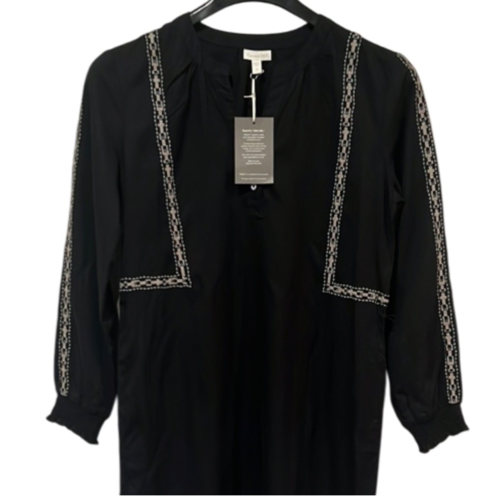 NWT Garnet Hill Lyocell Fabric Embroidered Boho Shirt Dress Size 4 Black